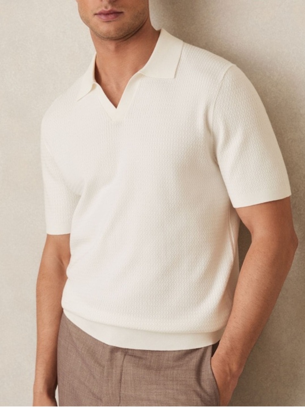 Reiss White Tyne Open-Collar Knit Polo Shirt